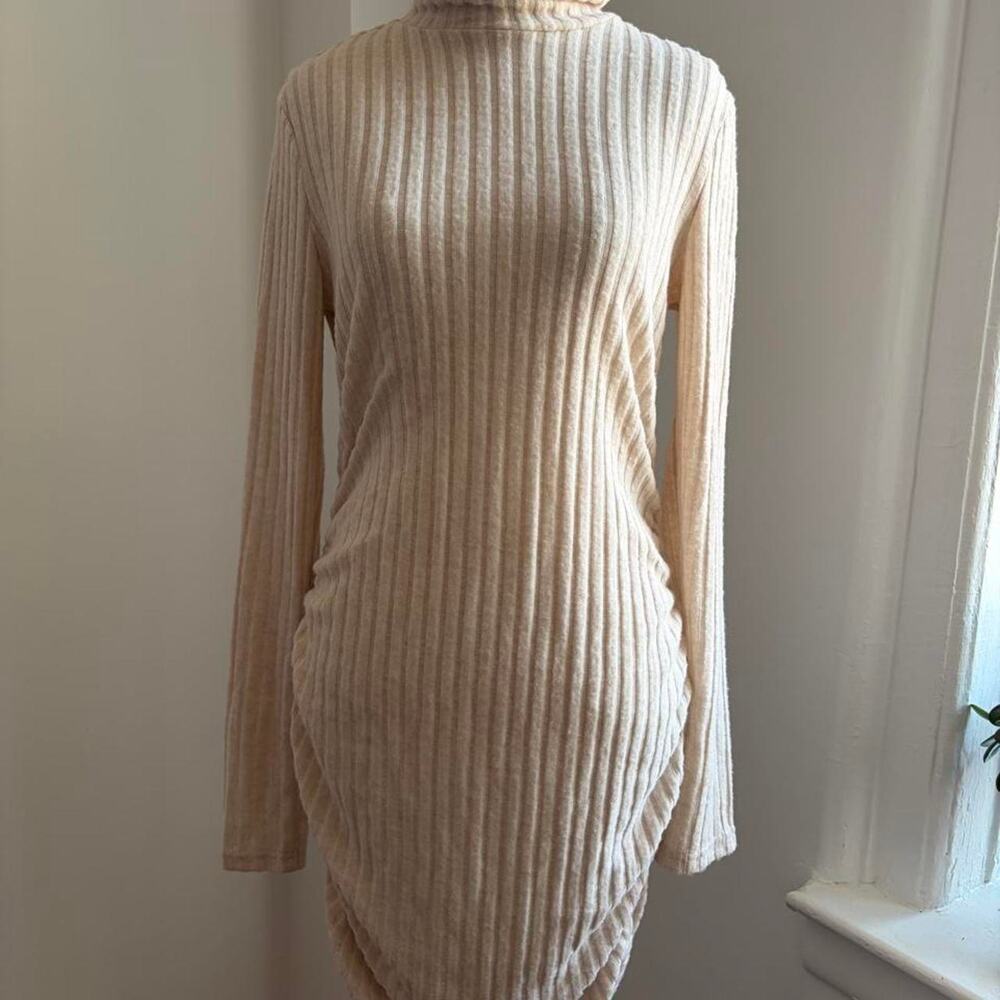 Cream Ribbed Knit Turtleneck Dress